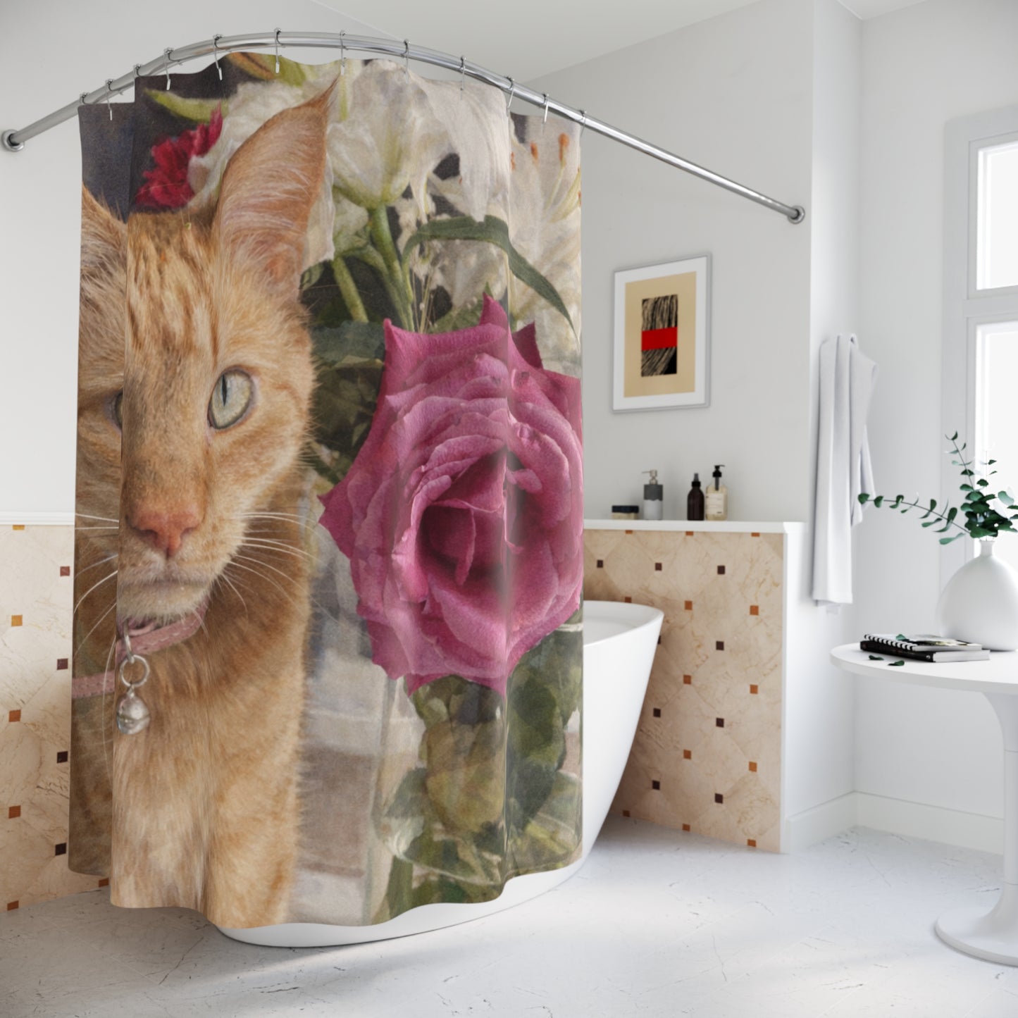 Petty Prints: Custom Water Color Realistic Pet Portrait Shower Curtain 71"x74"