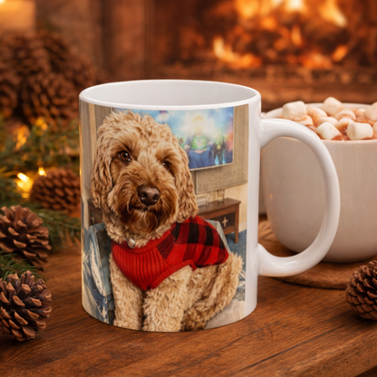 Mug with a dog wearing a red sweater in front of a fireplace with a bowl of popcorn.