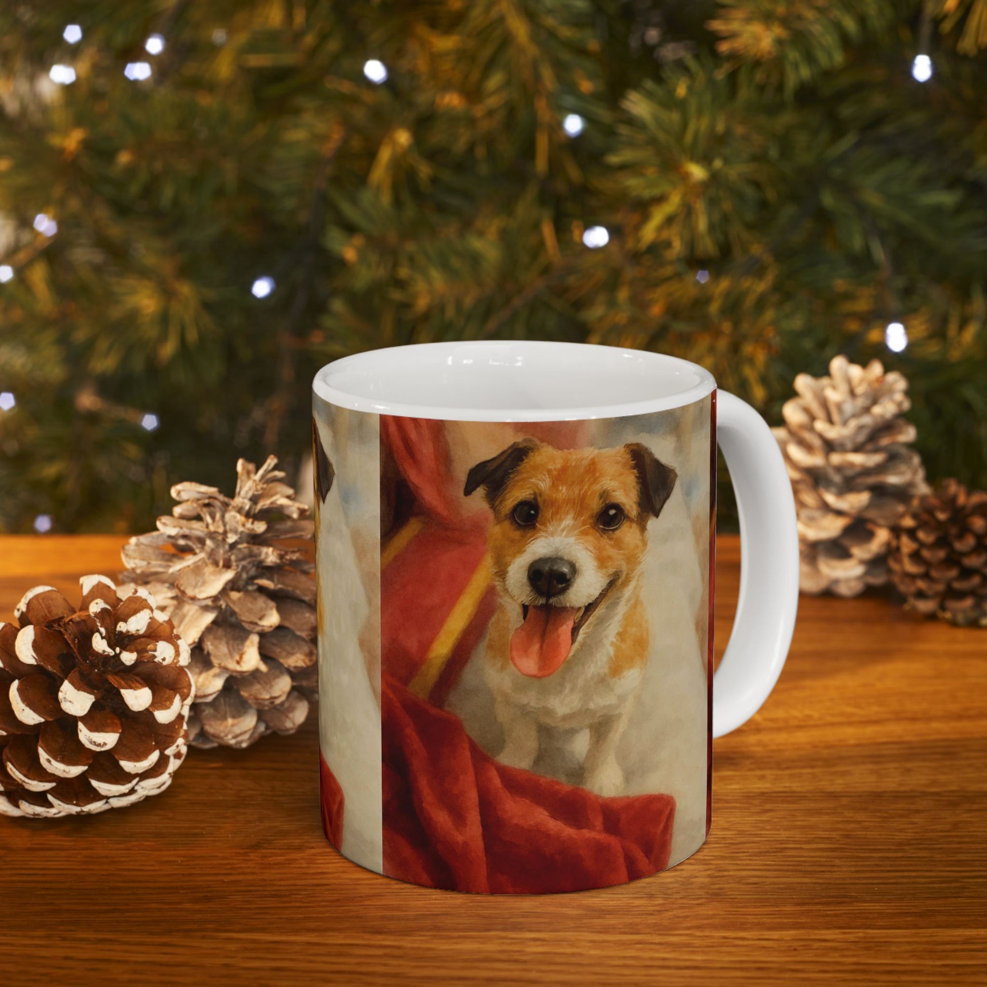 Mug with a dog design on a wooden surface with pine cones and a Christmas tree in the background
