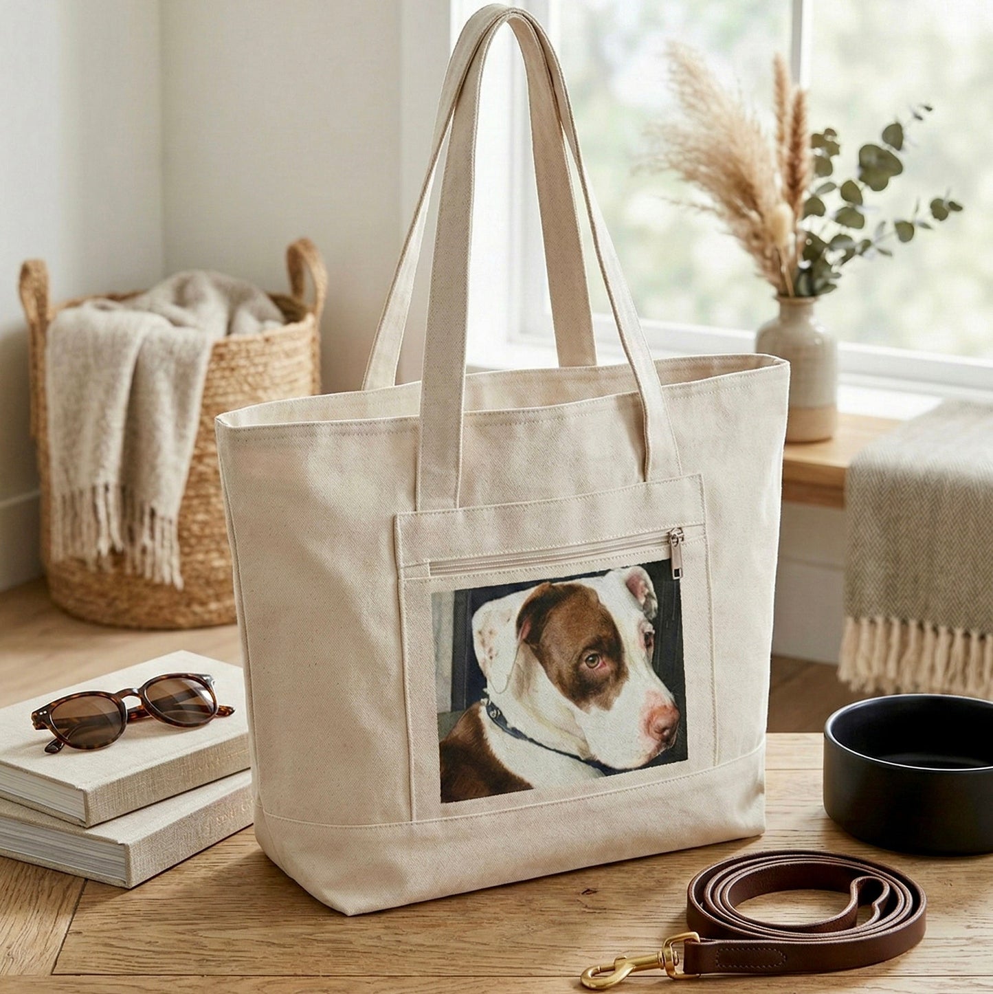 Beige tote bag with a dog photo on a wooden table with accessories