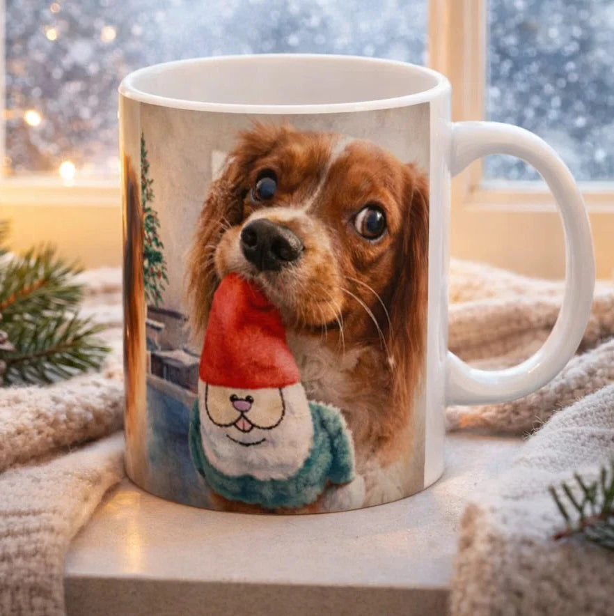 Mug with a dog design on a windowsill with winter decor